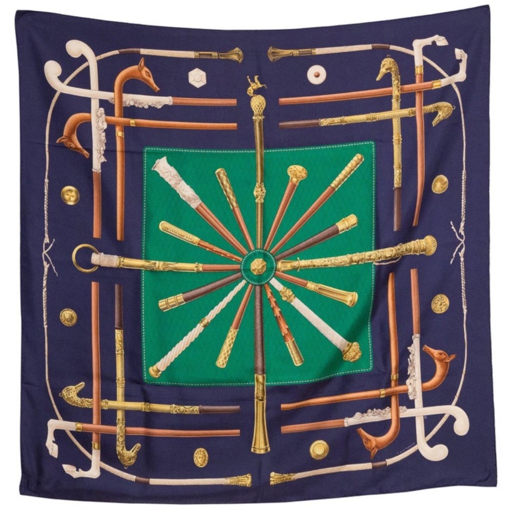 Hermes Vintage Cannes at Pommeaux Silk Scarf w/ Le Carre Box Sleeve.